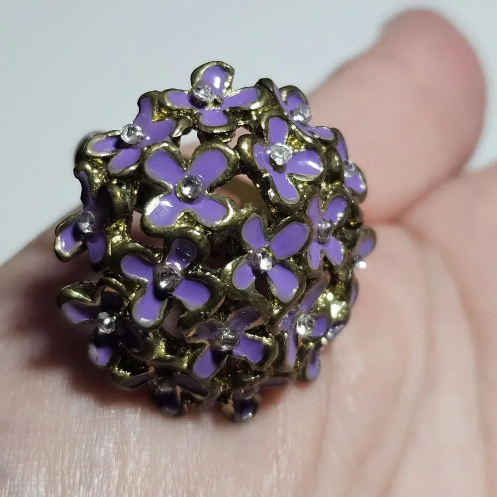 Gold Tone Purple Enamel Flower Ring With Clear Rhinestone Accents Adjustable